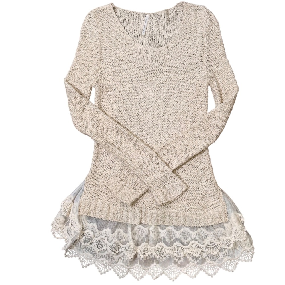 Boho Cottagecore Kate Collection Cream Lace Hem Sweater Tunic (M/L) Open Knit